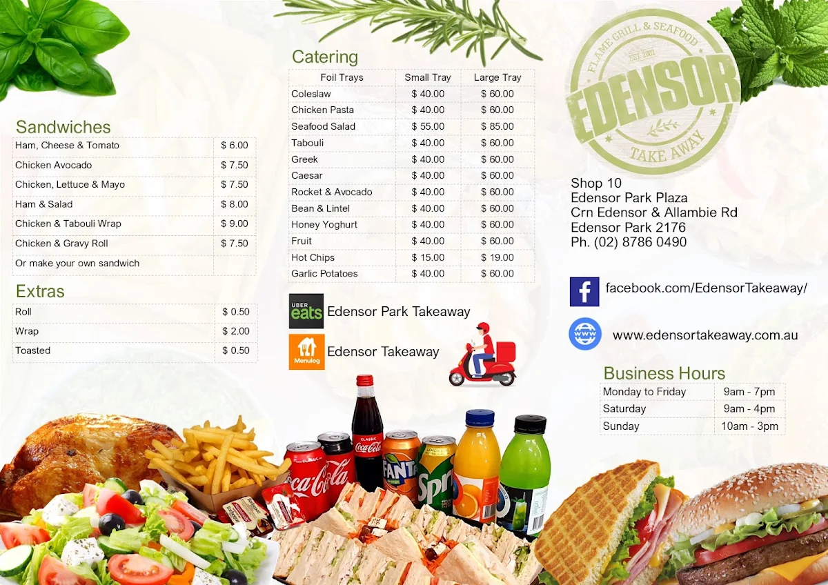 Menu, Edensor Takeaway