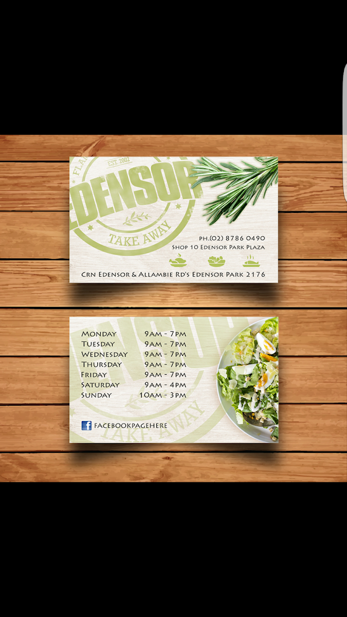 Menu, Edensor Takeaway