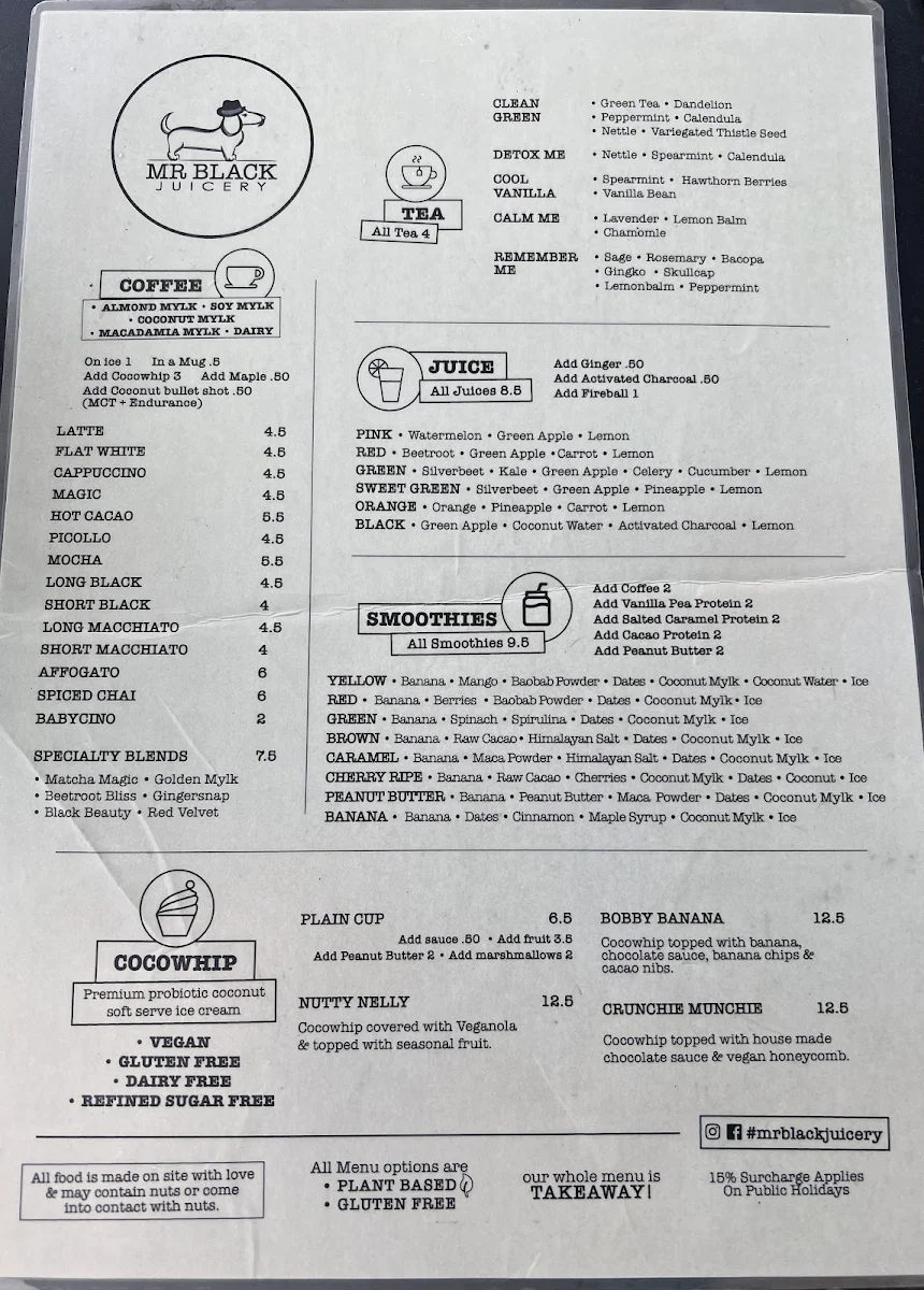 Menu, Mr Black Juicery