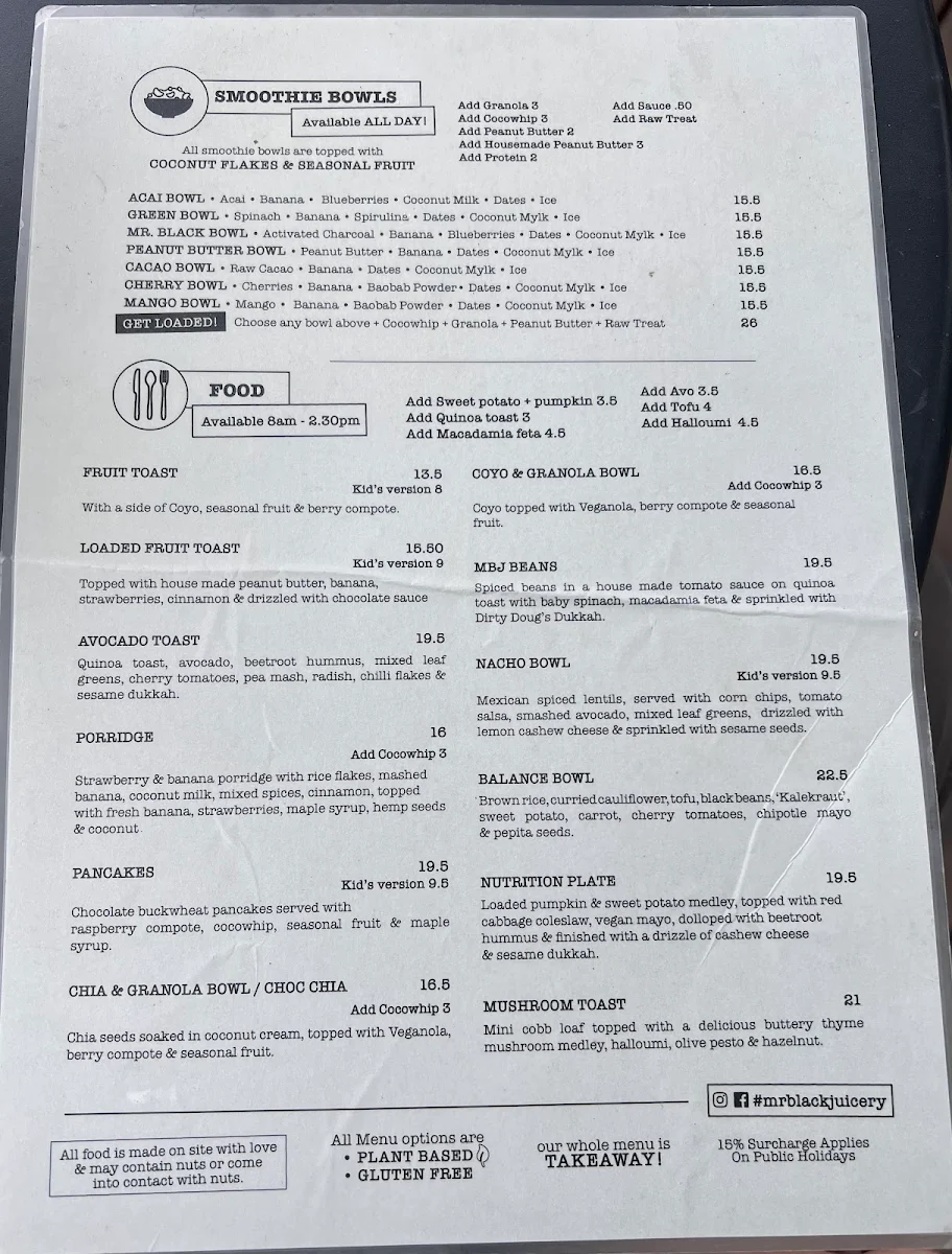 Menu, Mr Black Juicery