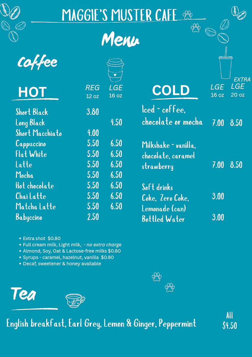 Menu, Maggies Muster Cafe