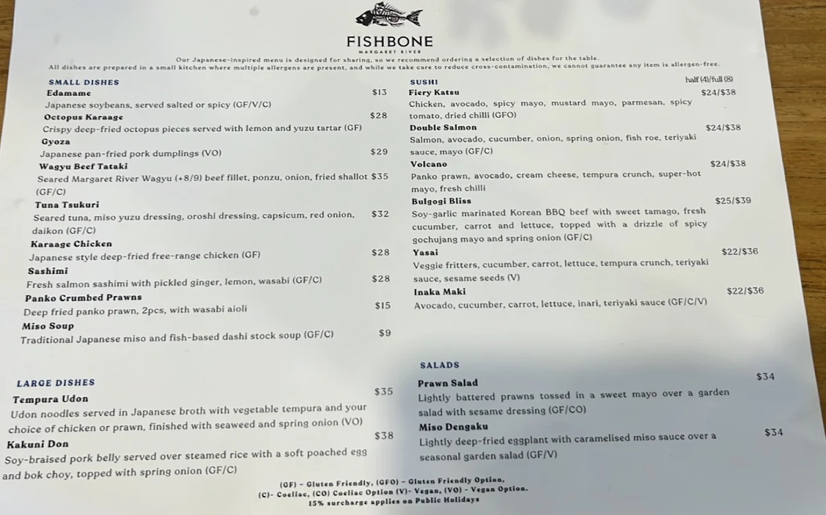 Menu, Fishbone Wines