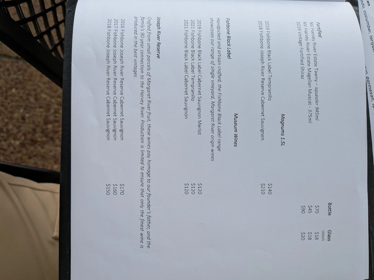 Menu, Fishbone Wines