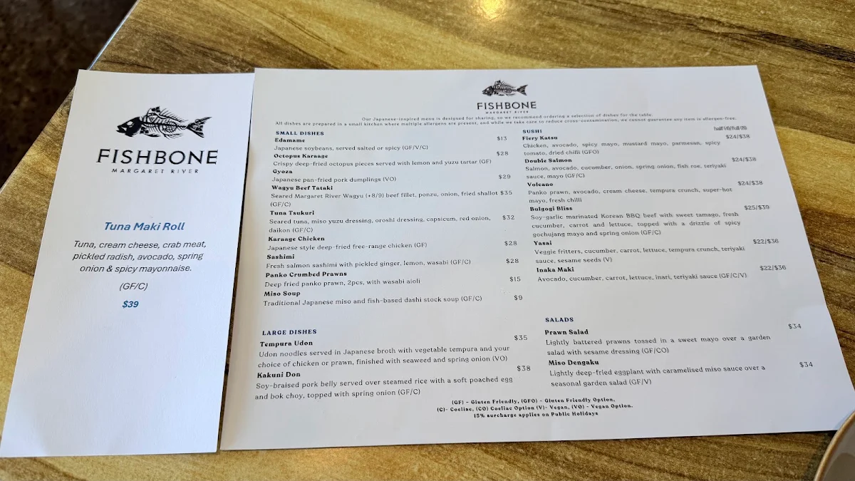 Menu, Fishbone Wines