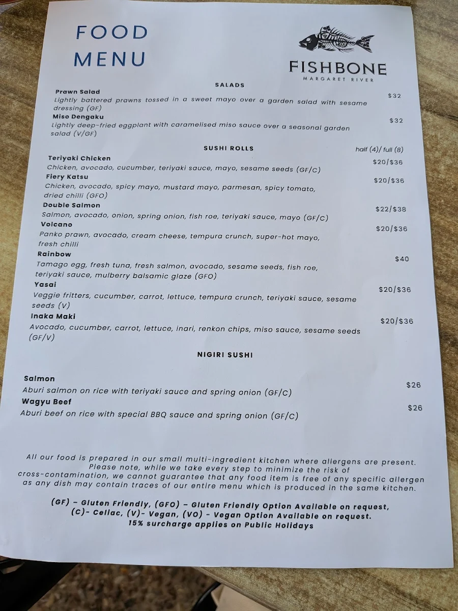 Menu, Fishbone Wines
