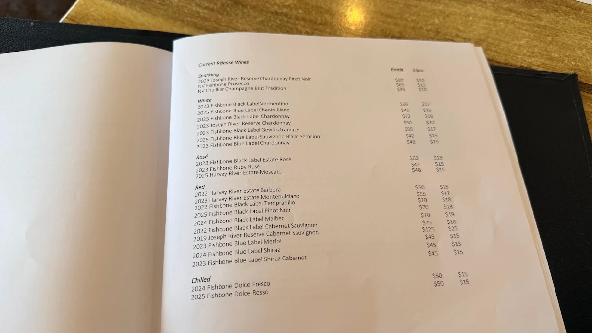 Menu, Fishbone Wines