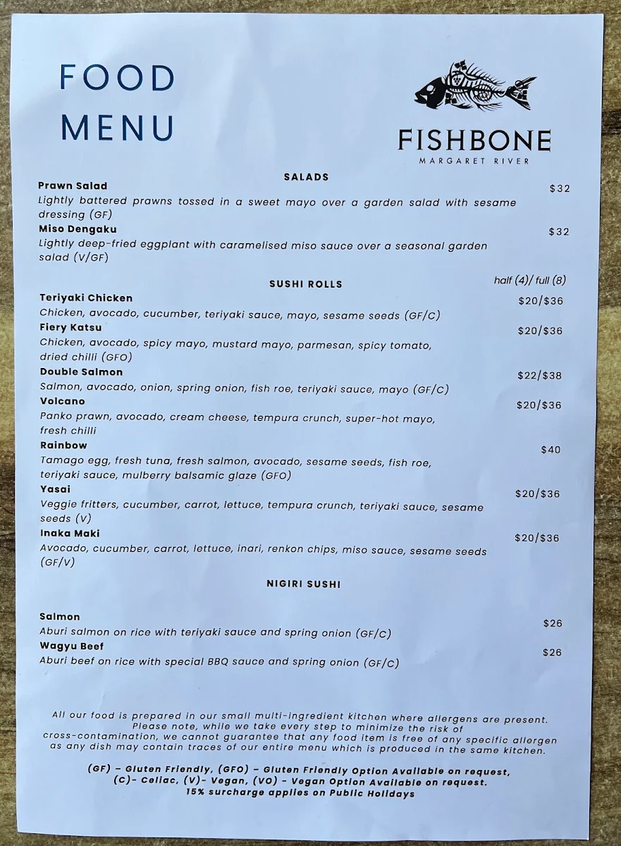 Menu, Fishbone Wines
