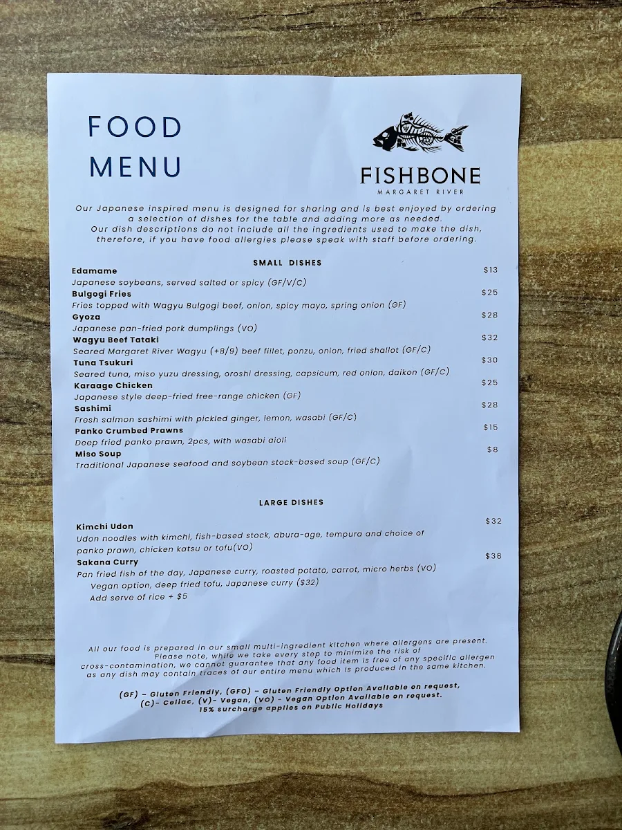Menu, Fishbone Wines