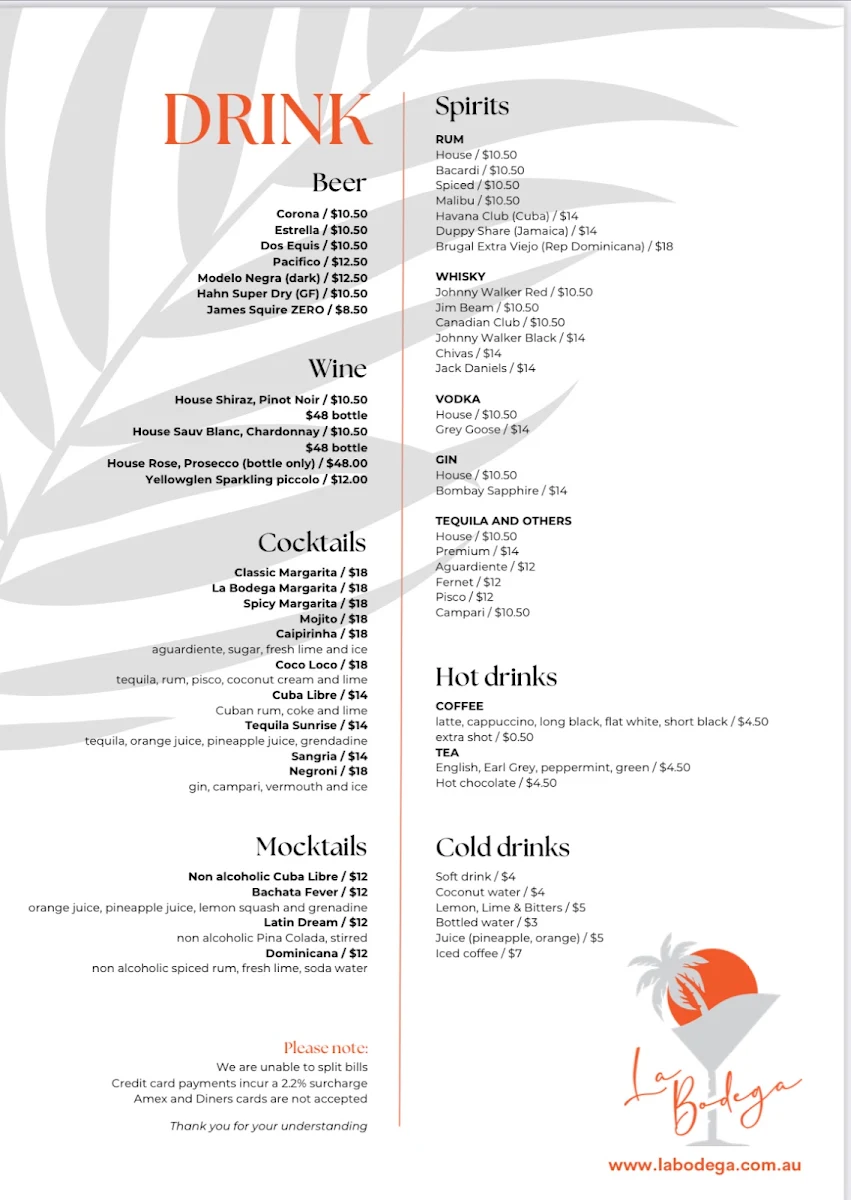 Menu, La Bodega Restaurant/Bar