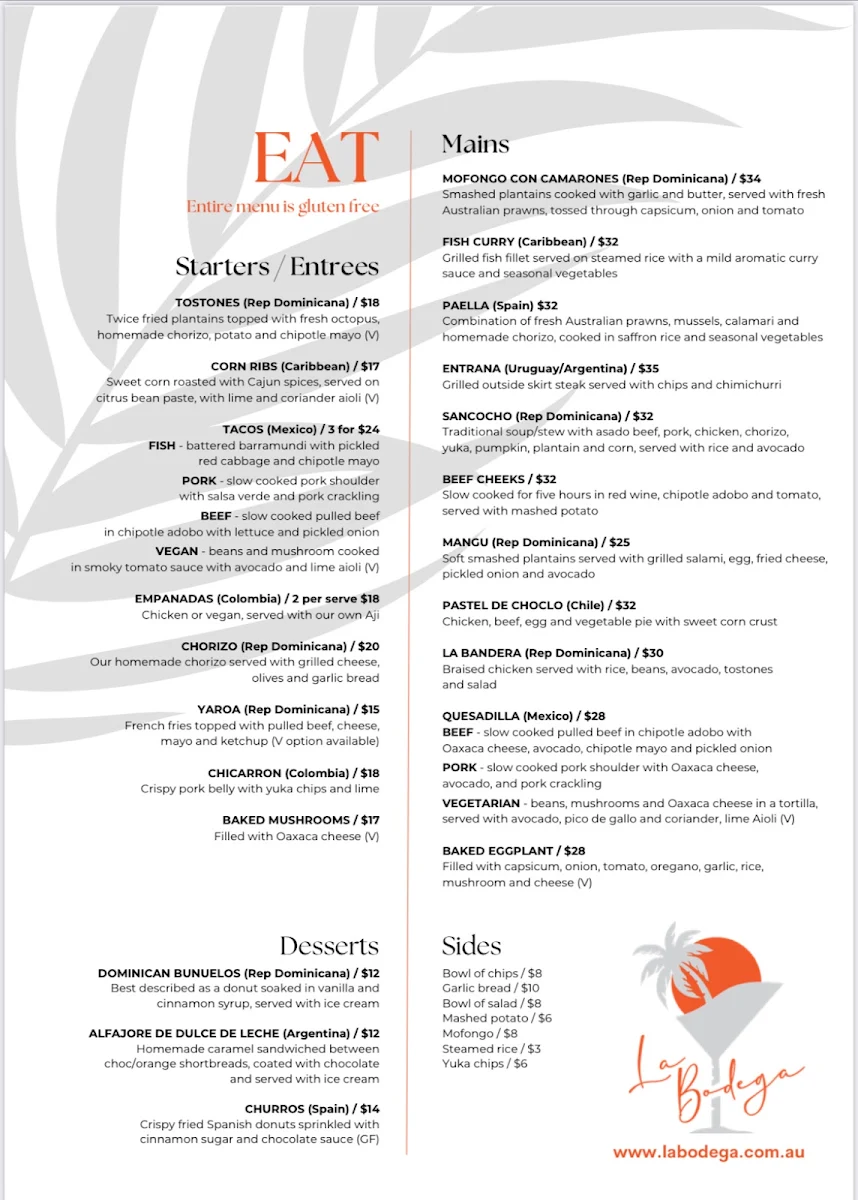 Menu, La Bodega Restaurant/Bar