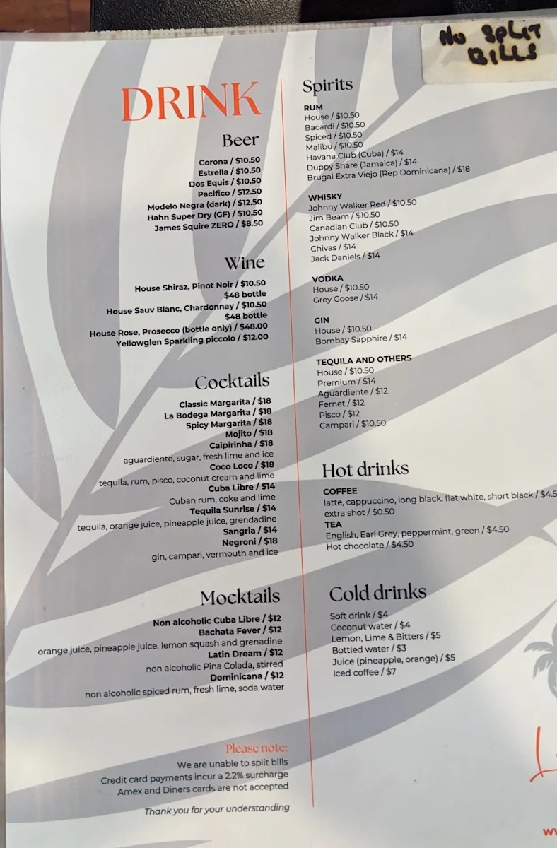Menu, La Bodega Restaurant/Bar