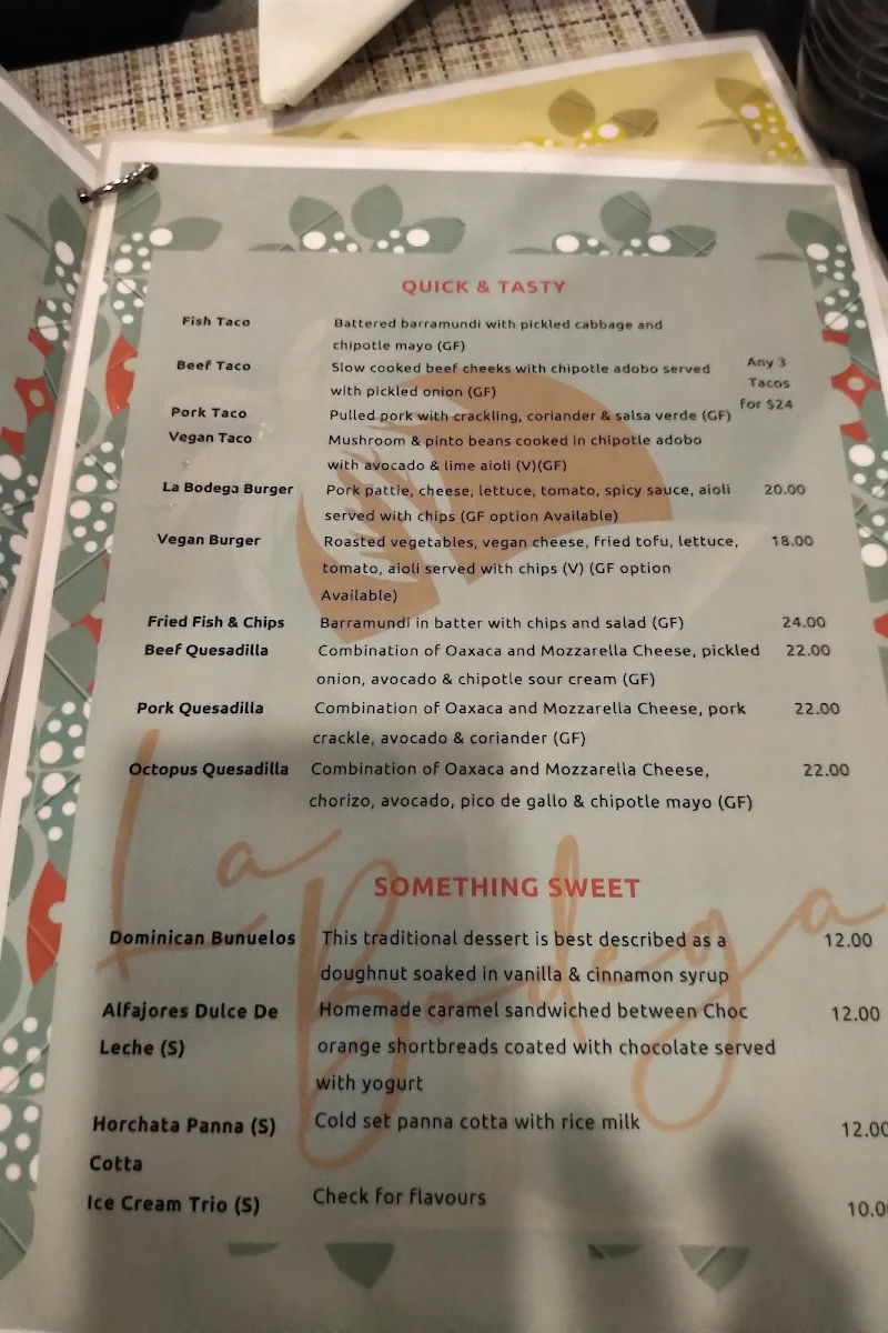 Menu, La Bodega Restaurant/Bar