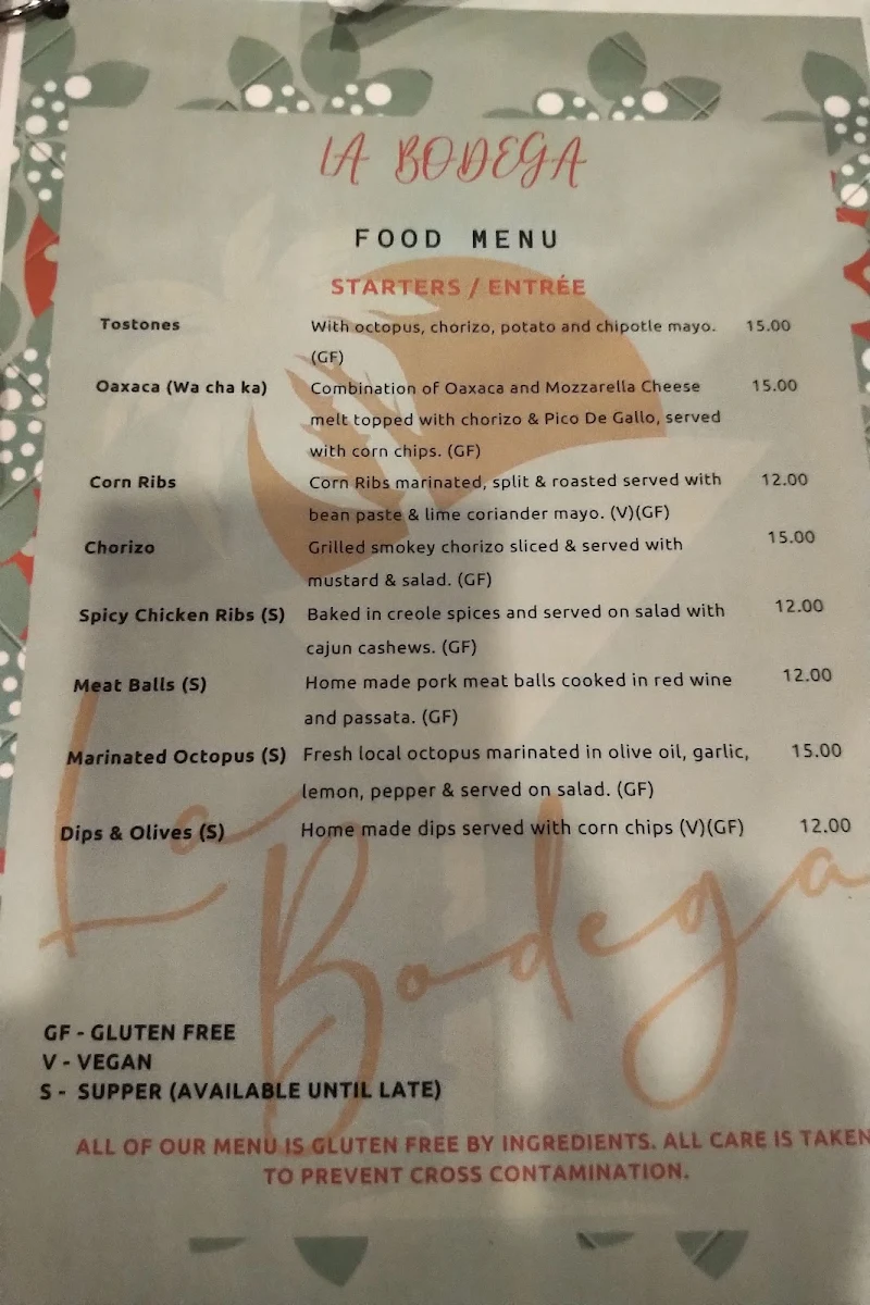 Menu, La Bodega Restaurant/Bar