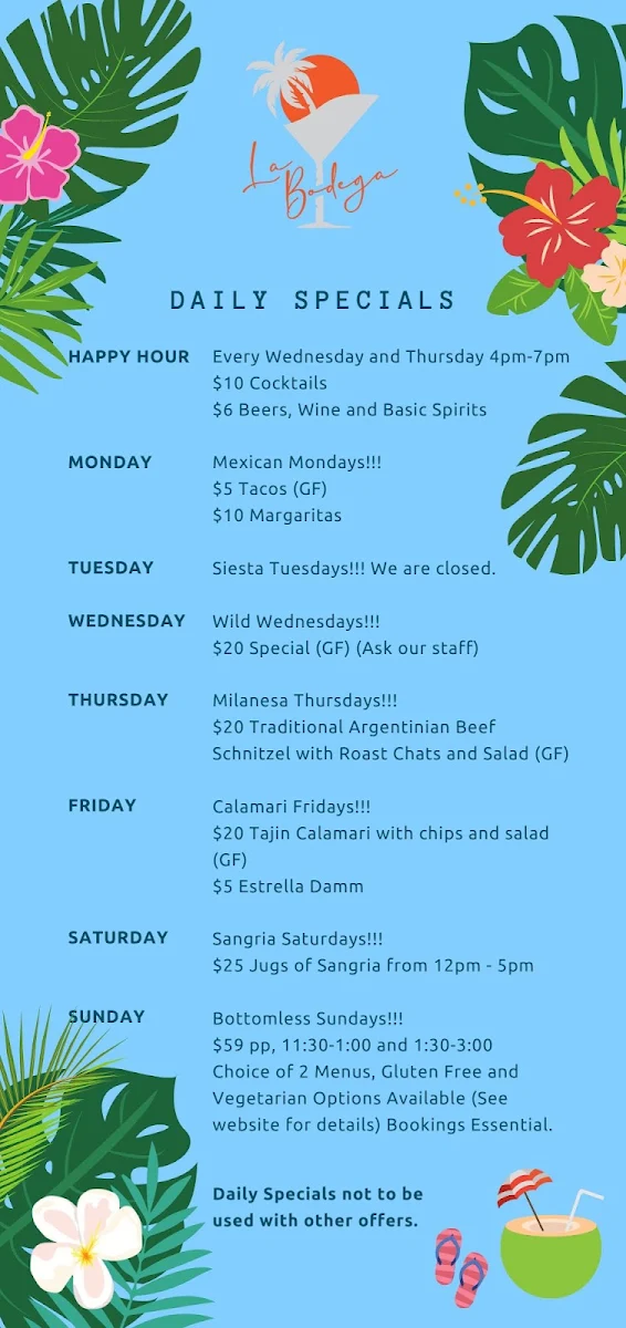 Menu, La Bodega Restaurant/Bar