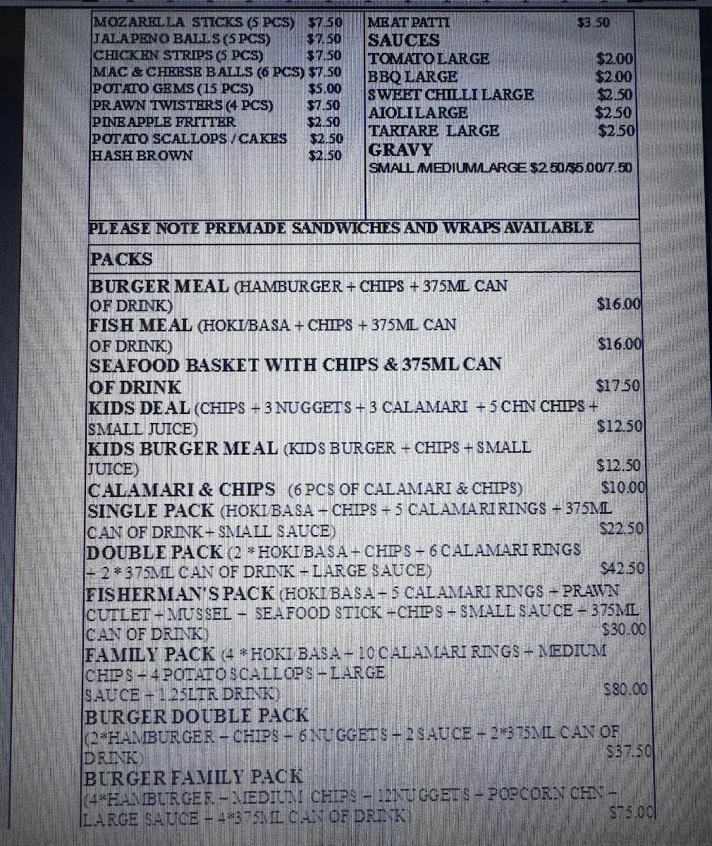 Menu, Fusion Foods Nambour