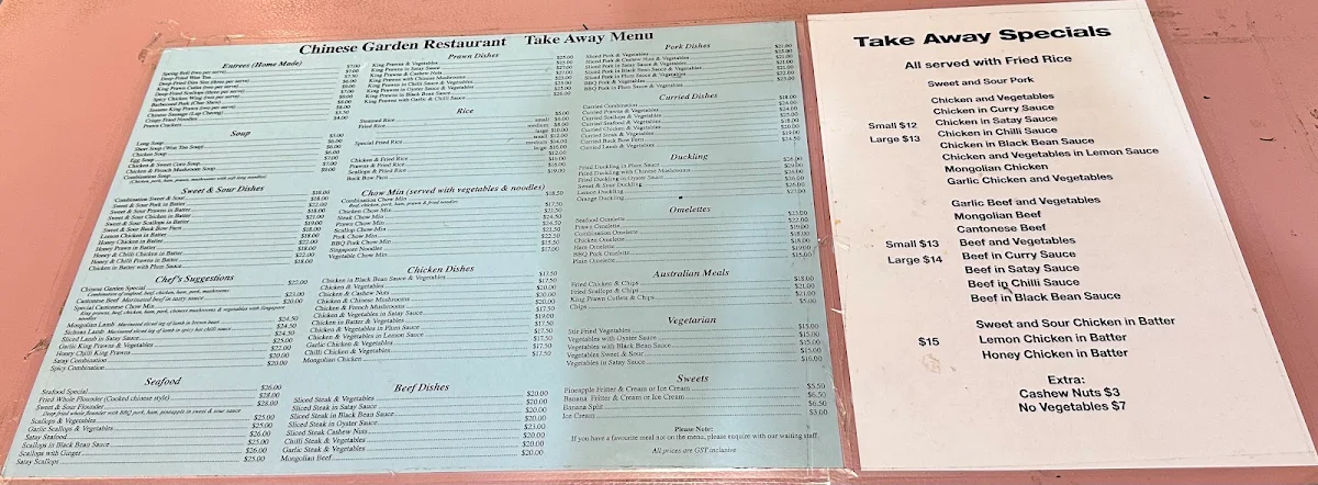 Menu, Chinese Garden Restaurant
