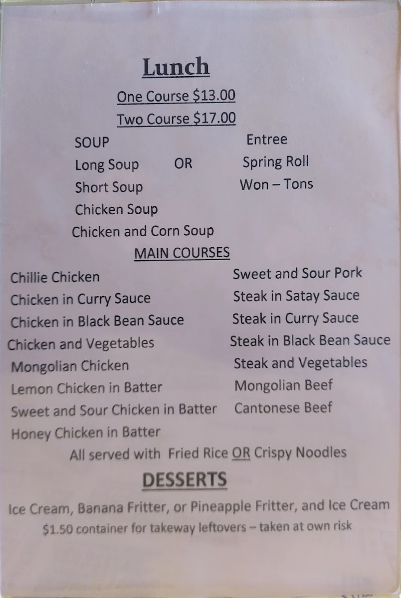 Menu, Chinese Garden Restaurant