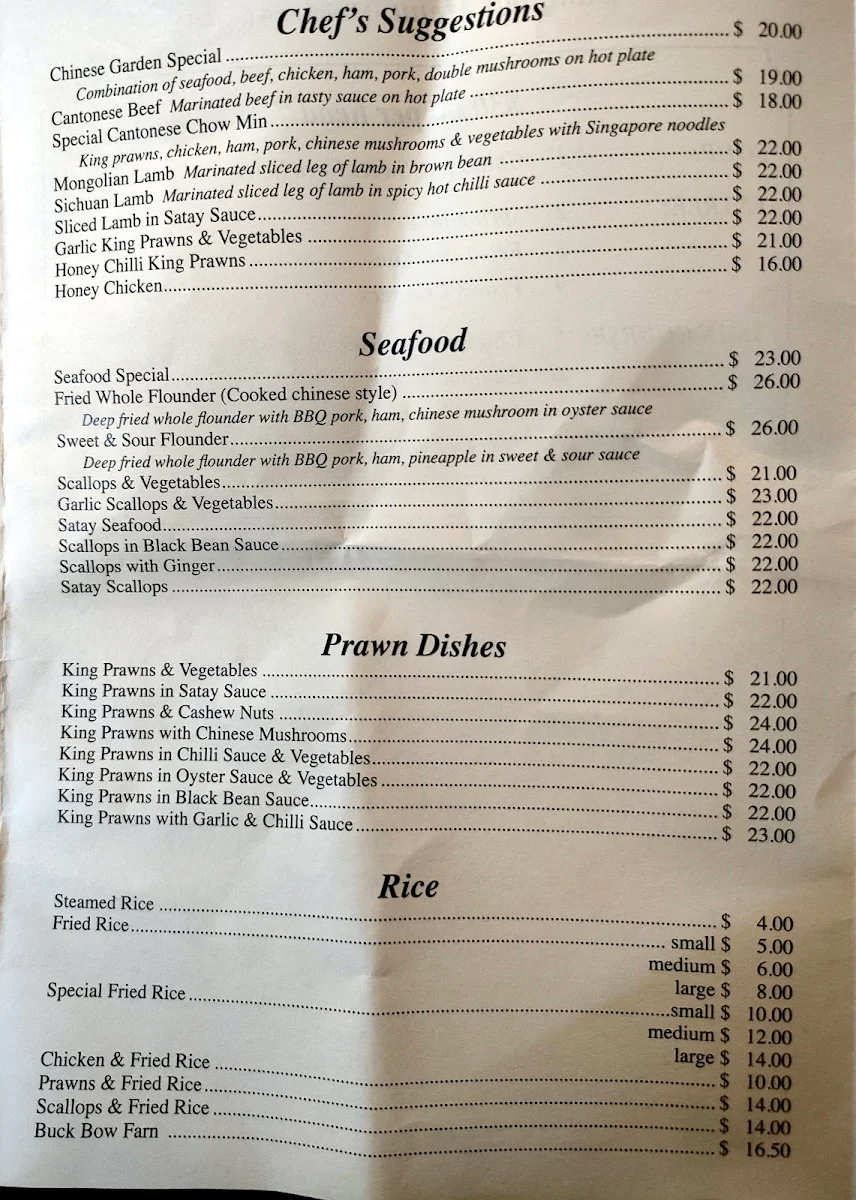 Menu, Chinese Garden Restaurant