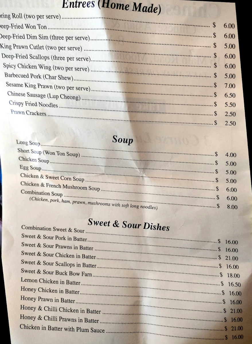 Menu, Chinese Garden Restaurant