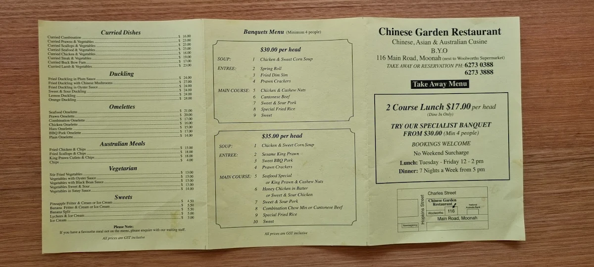 Menu, Chinese Garden Restaurant