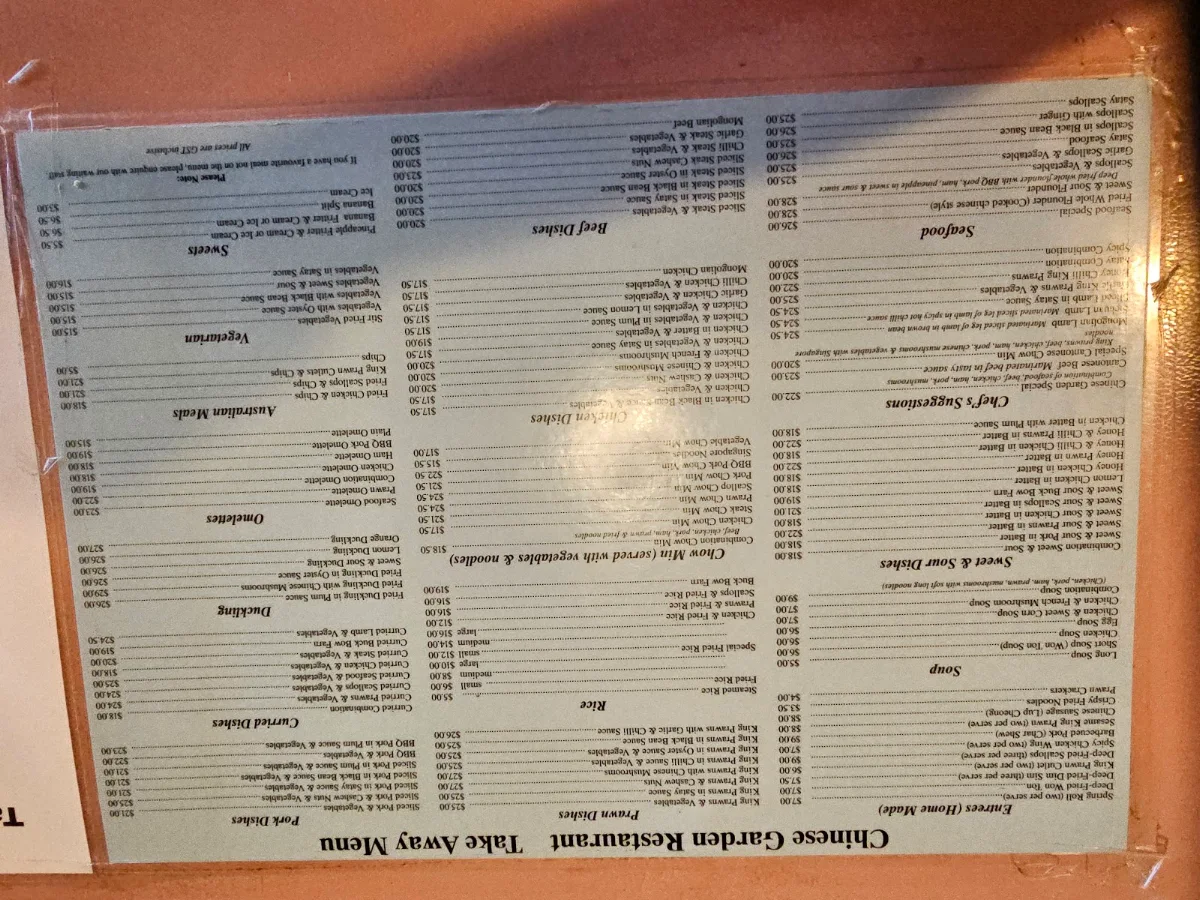 Menu, Chinese Garden Restaurant
