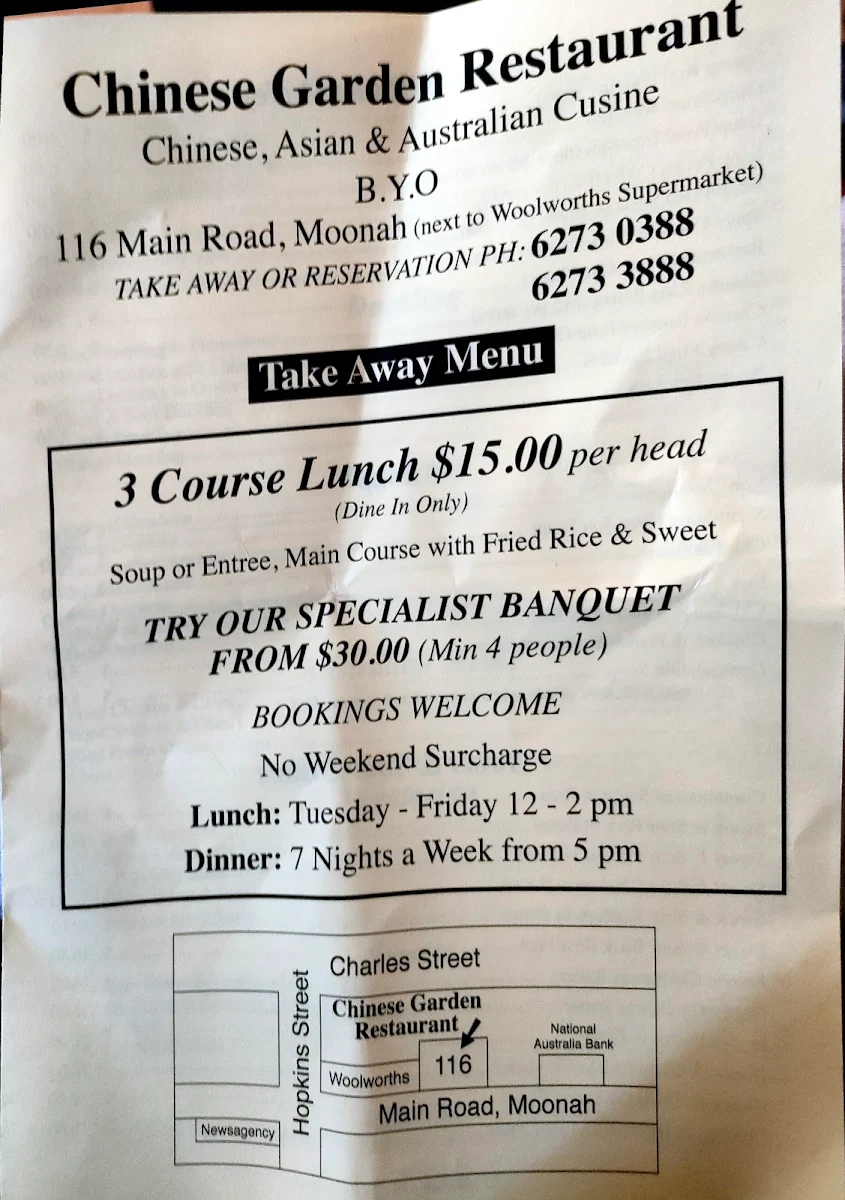 Menu, Chinese Garden Restaurant