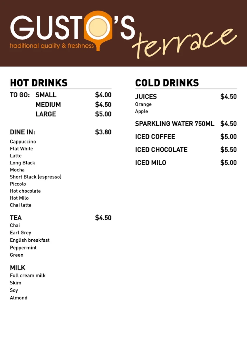 Menu, Gusto's Gourmet Pizza & Pasta CARINDALE