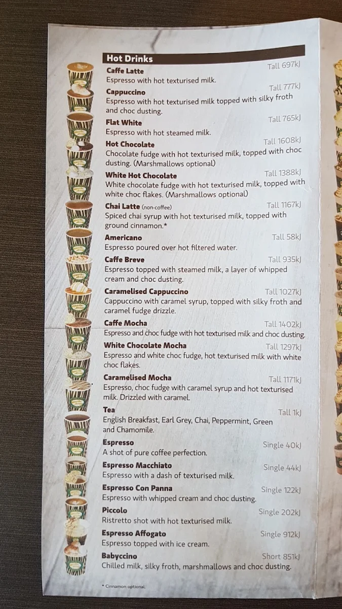 Menu, Zarraffa's Coffee Belmont North