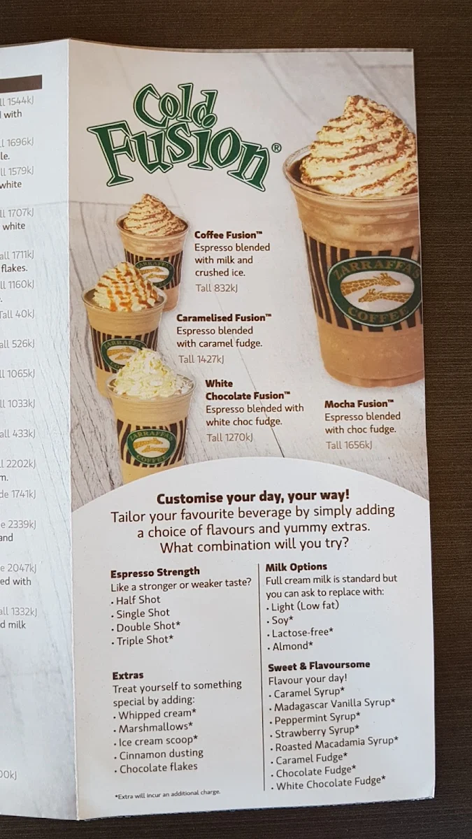 Menu, Zarraffa's Coffee Belmont North