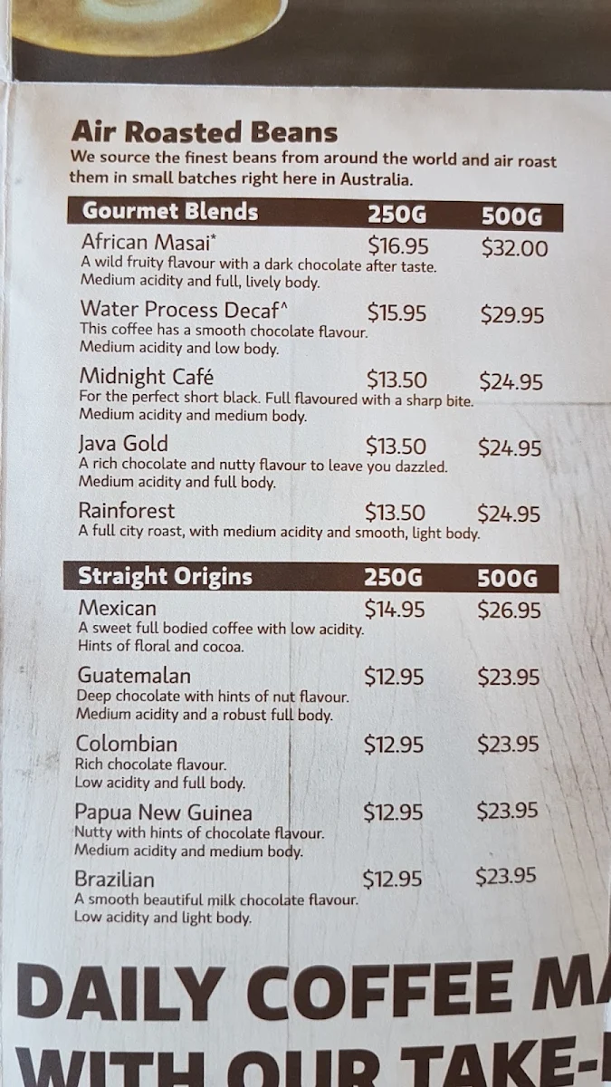 Menu, Zarraffa's Coffee Belmont North