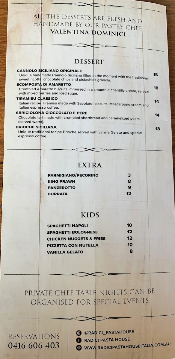 Menu, RADICI - Roman Kitchen & Bar