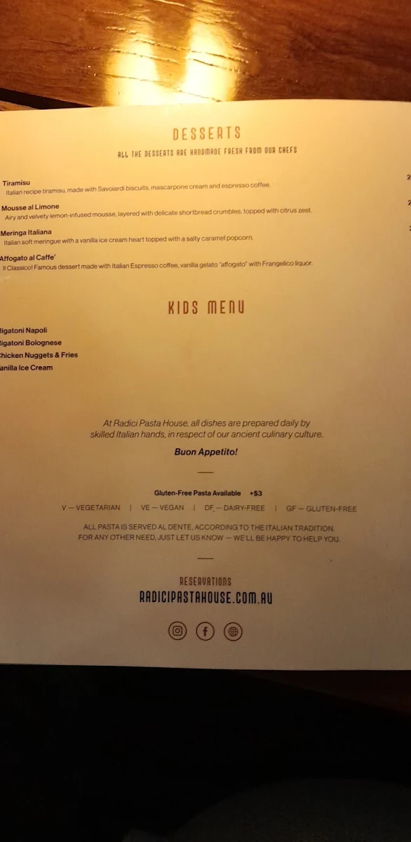Menu, RADICI - Roman Kitchen & Bar