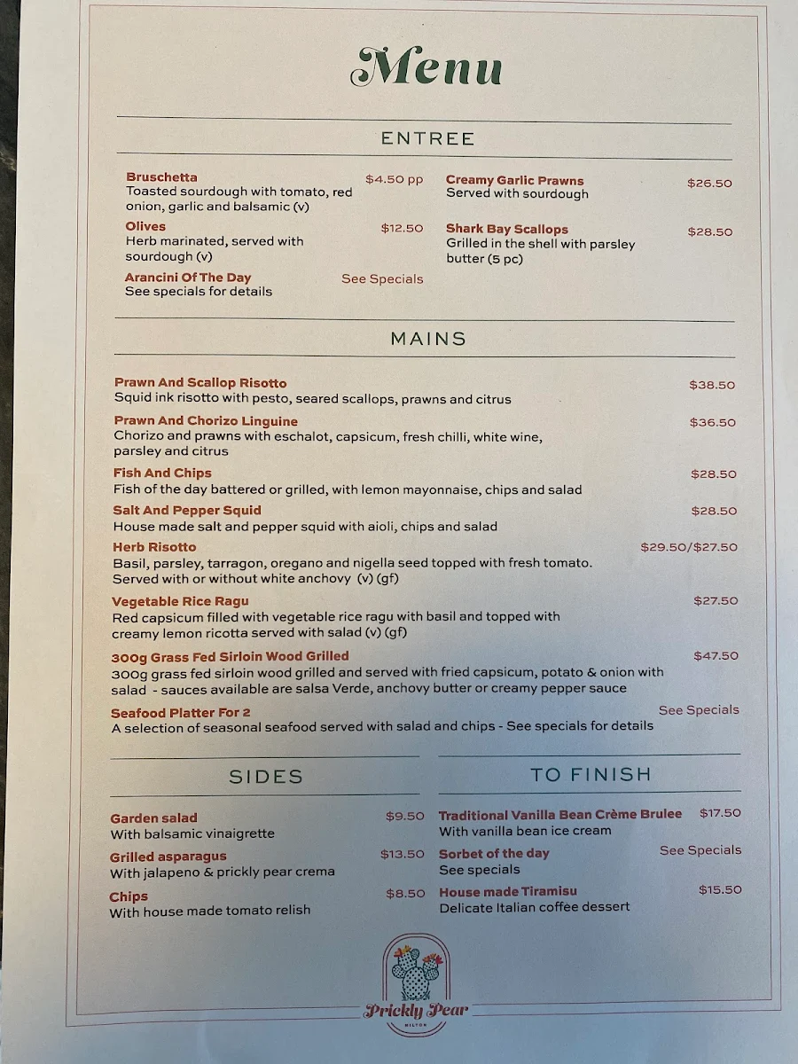 Menu, The Prickly Pear Restaurant Milton