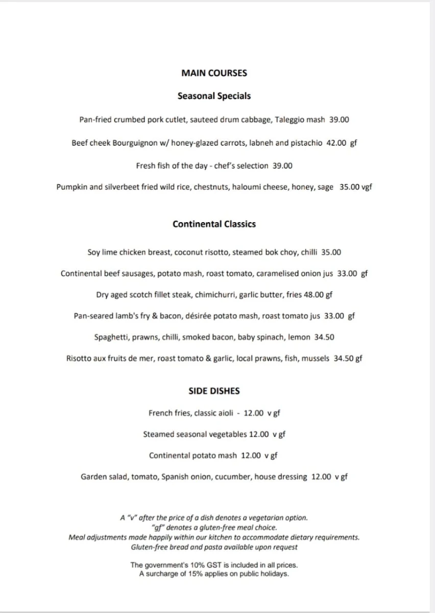 Menu, Continental Cafe
