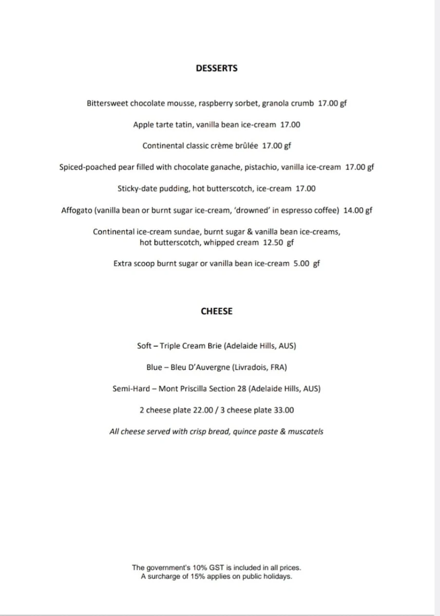 Menu, Continental Cafe
