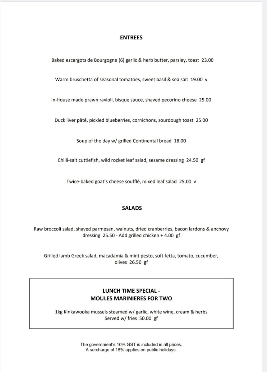 Menu, Continental Cafe