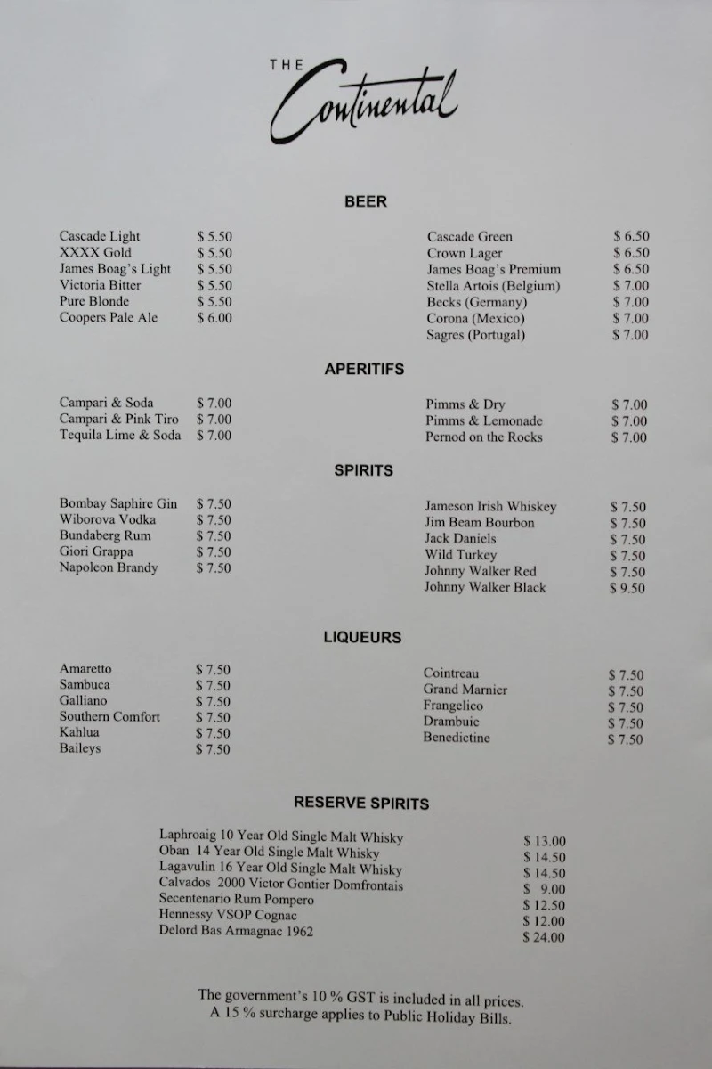 Menu, Continental Cafe
