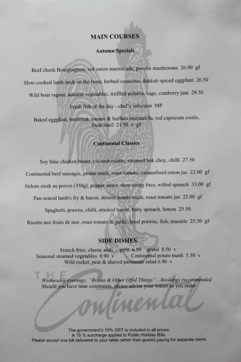 Menu, Continental Cafe