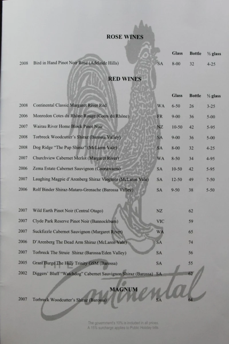 Menu, Continental Cafe