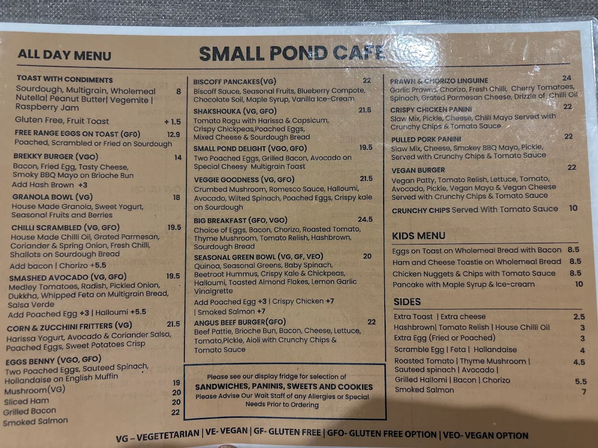 Menu, Small Pond Cafe