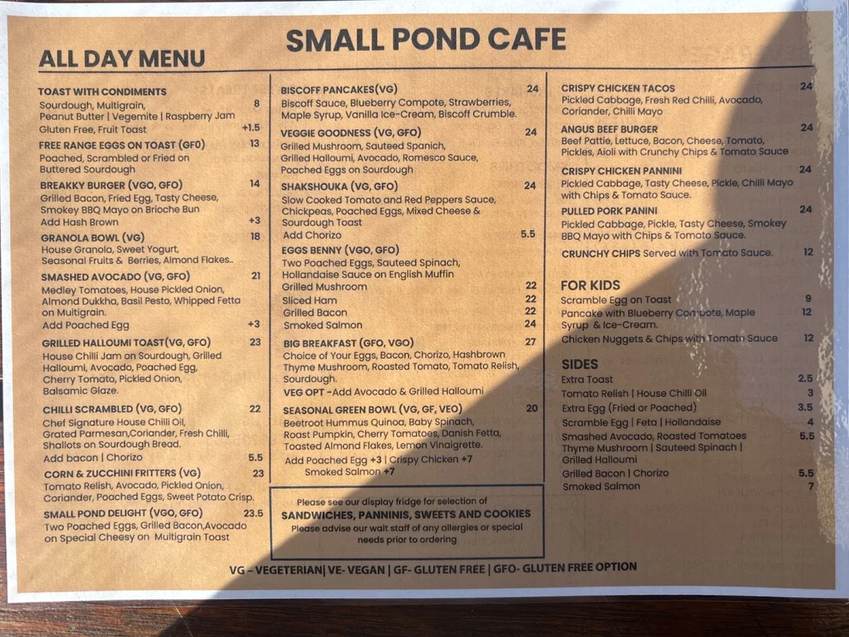 Menu, Small Pond Cafe