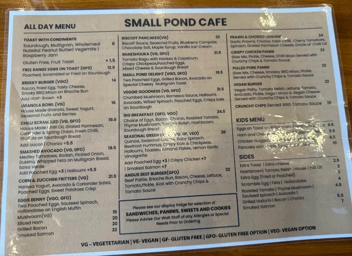 Menu, Small Pond Cafe