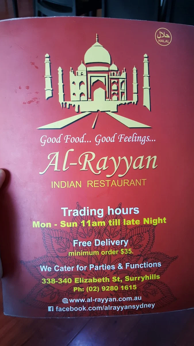 Menu, Al-Rayyan- Halal Indian Restaurant Surry Hills