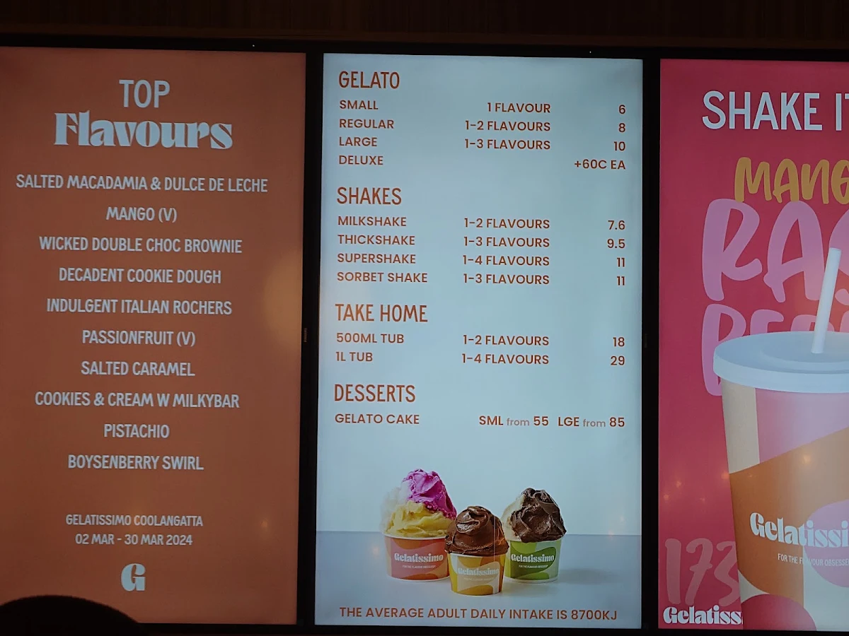 Menu, Gelatissimo Coolangatta