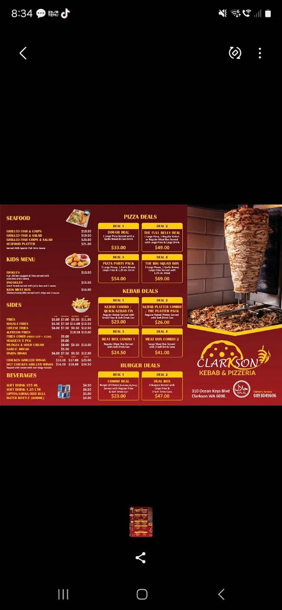 Menu, Clarkson kebab & pizzeria - Australia