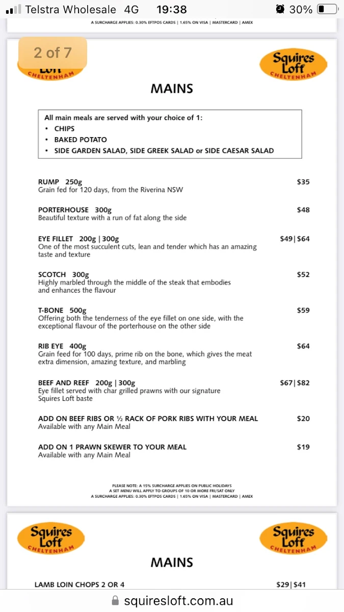 Menu, Squires Loft Cheltenham
