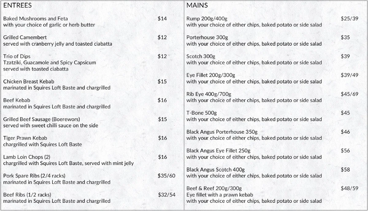 Menu, Squires Loft Cheltenham