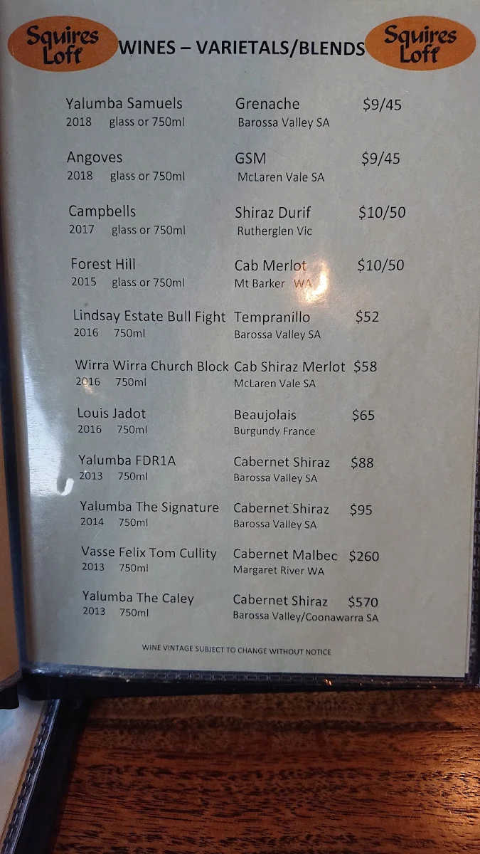 Menu, Squires Loft Cheltenham