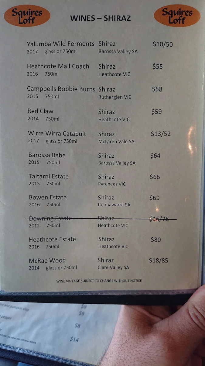 Menu, Squires Loft Cheltenham