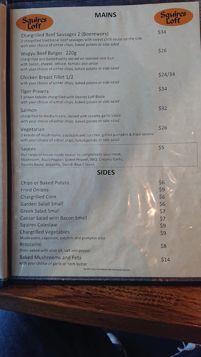Menu, Squires Loft Cheltenham
